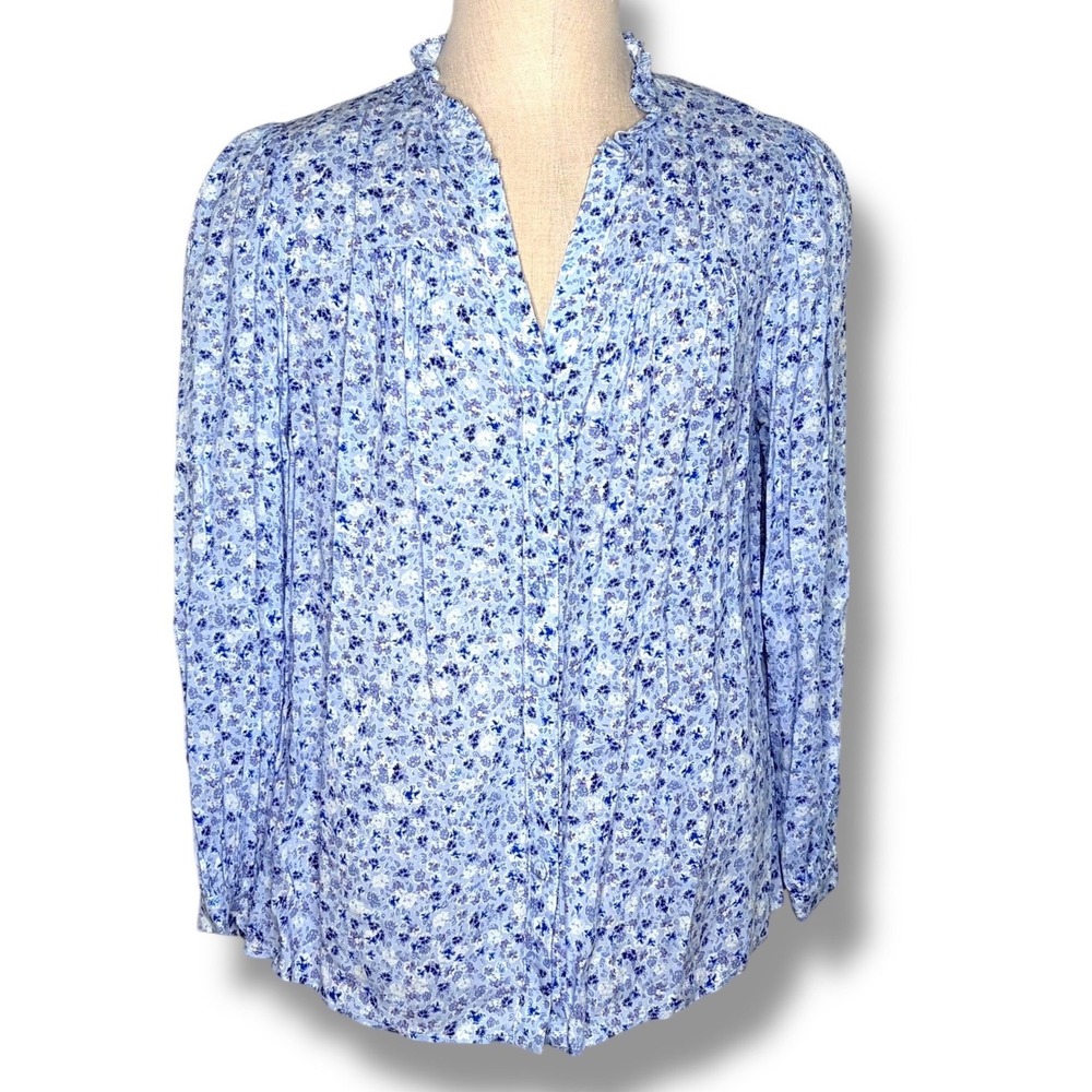 Philosophy Republic Clothing Blouse 1X Blue Floral Ruffle V-Neck Viscose Boho